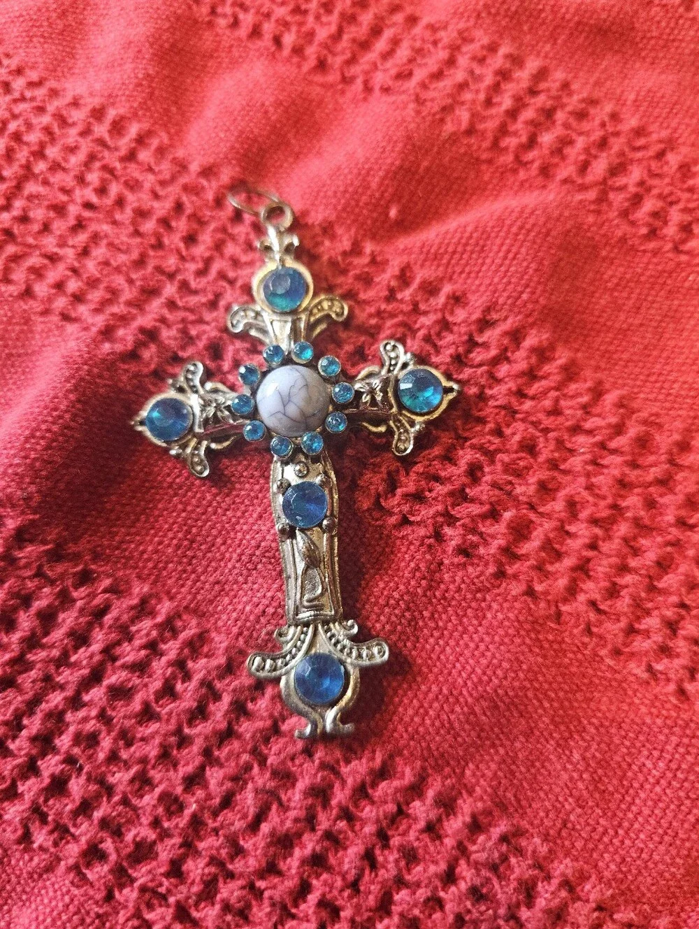 Silver Cross With Blue Stones